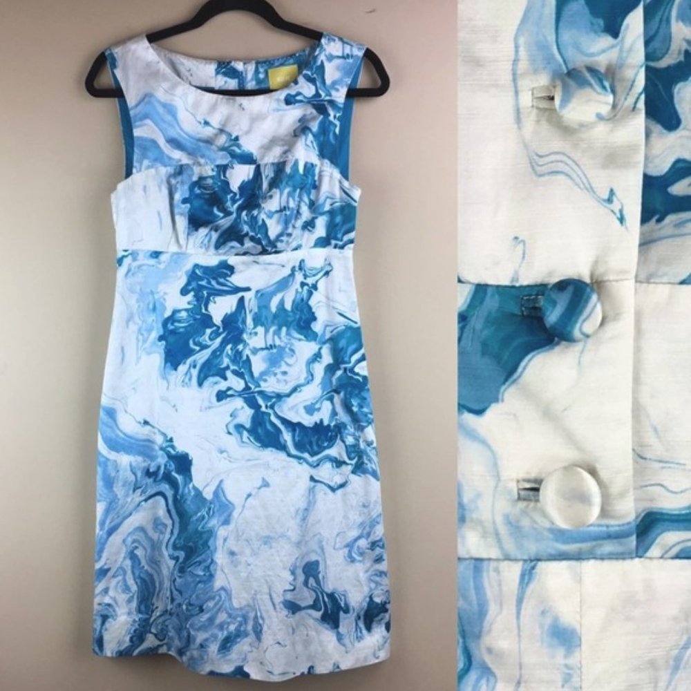 Anthropologie Maeve Blue Watercolor Marbled Sleeveless Dress, Size 6